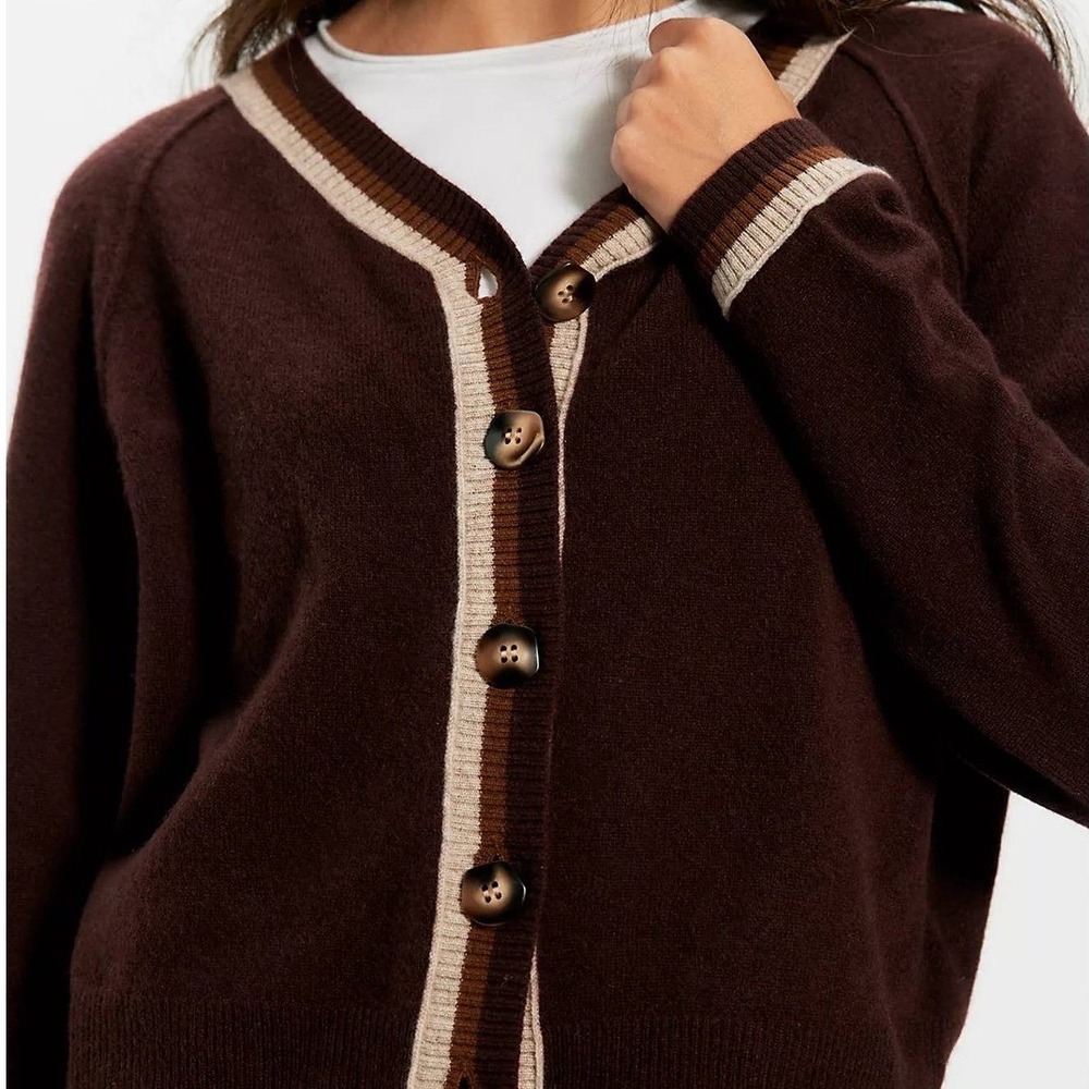 Free People Paige Cashmere Cardi Chocolate Combo Brown Button Sweater Medium NWT